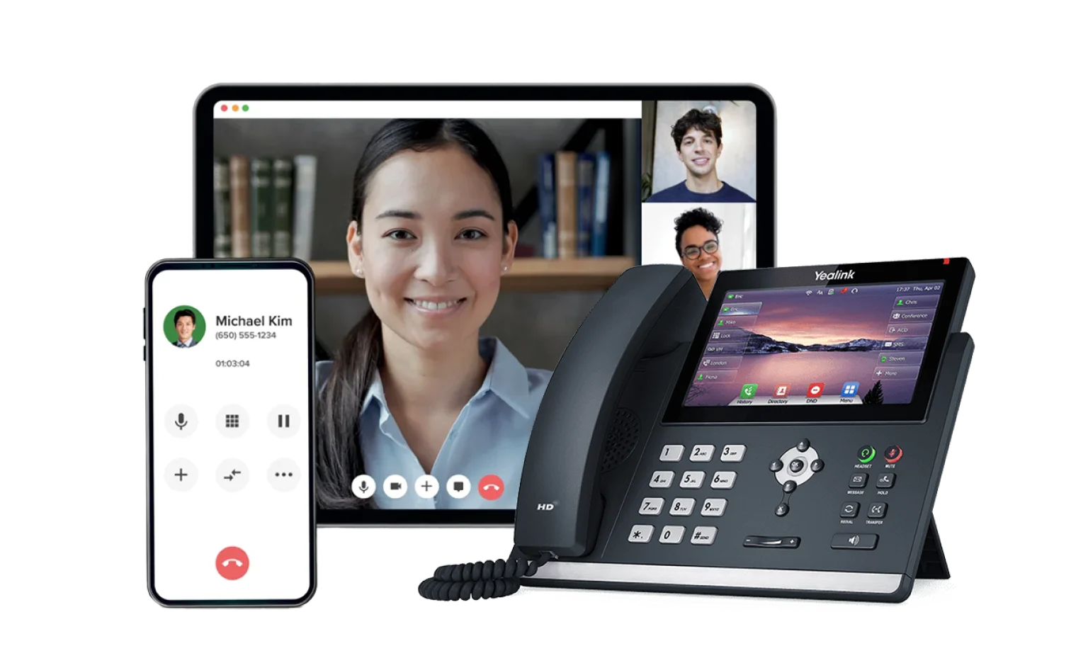 A tablet showing a video call conference. A smartphone showing an ongoing call and a Vonage phone system.