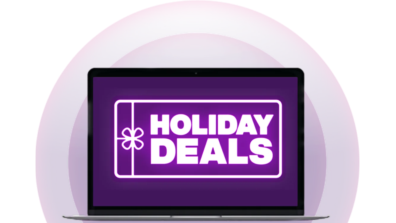 A laptop with "Holiday Deals" logo on its screen.