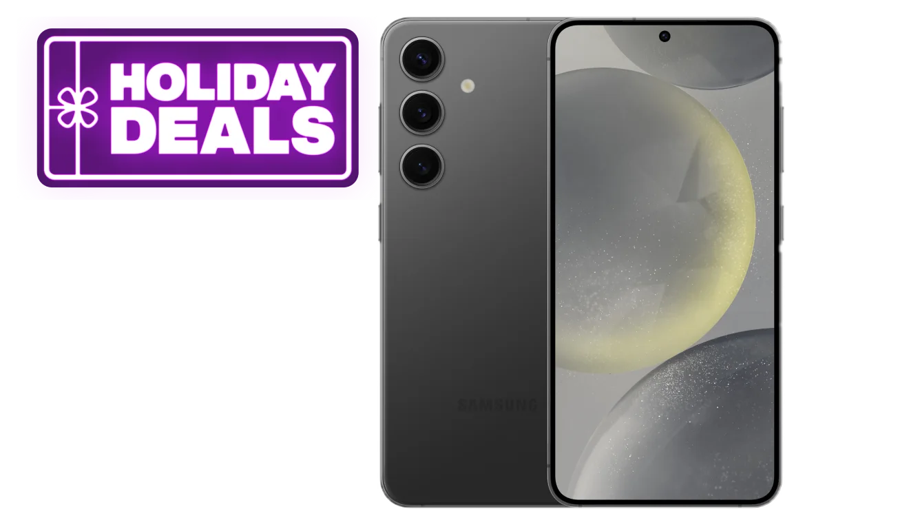 Back view of Samsung Galaxy S24 in Onyx Black. A roundel reads "Holiday Deals"