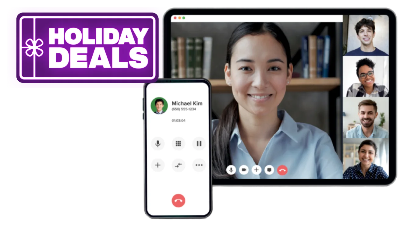 A smartphone and a tablet displaying a conference call with 4 smiling people. a roundel reads "Holiday Deals"