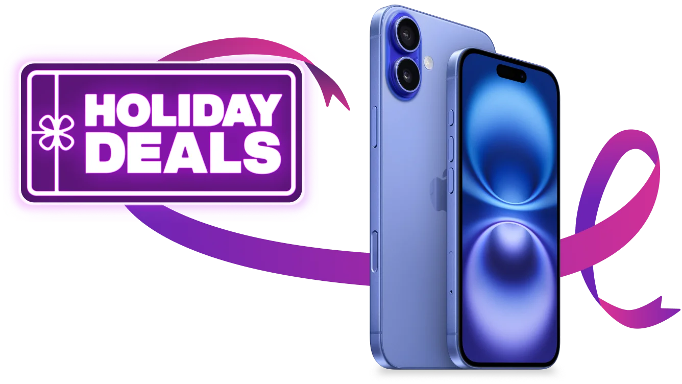 iPhone 16 on a pedestal. a roundel reads "Holiday Deals"