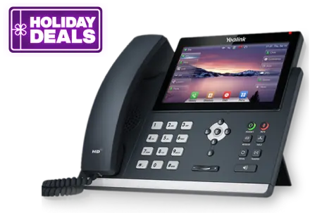Dark grey and silver landline phone with a large, built-in touch screen. A roundel reads "Holiday Deals"
