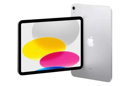Front and back view of the iPad (10th Generation) in silver.