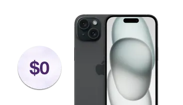 Front and back view of the iPhone 15 in black with a $0 stamp to its left.