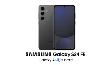 The front and back view of a Samsung Galaxy S24 FE. Beneath, a logo reads, "Samsung Galaxy S24 FE: Galaxy AI is here".