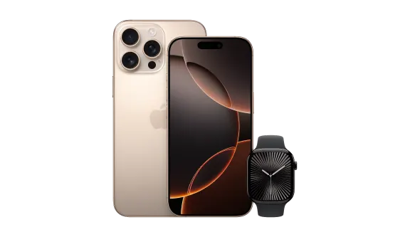 The front and back view of an iPhone 16 Pro beside an Apple Watch Series 10.