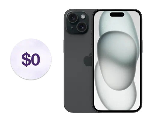 Front and back view of the iPhone 15 in blue with a $0 stamp to its left.