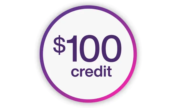 Roundel with the words “$100 credit”.