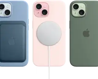 iPhone 15 showing iPhone 15 Silicon Case with MagSafe, FineWoven Wallet with Magsafe, MagSafe Charger, MagSafe Battery Pack.