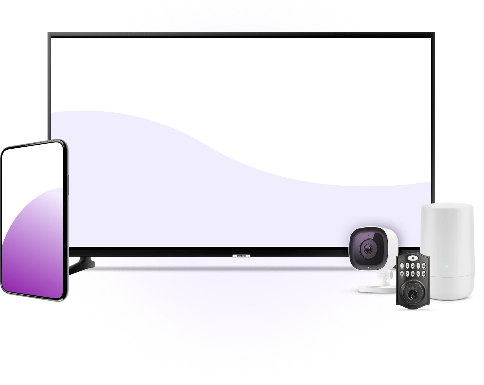 A variety of devices - smartphone, TV, Internet modem, monitor and home security.
