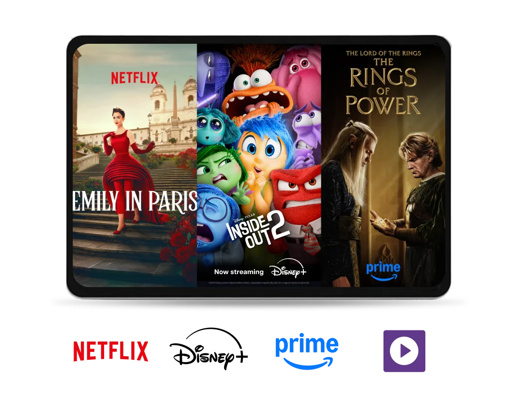 Tablet with posters for Beverly Hills Cop Axel F on Netflix, Inside Out 2 on Disney+, The Rings of Power on Prime.